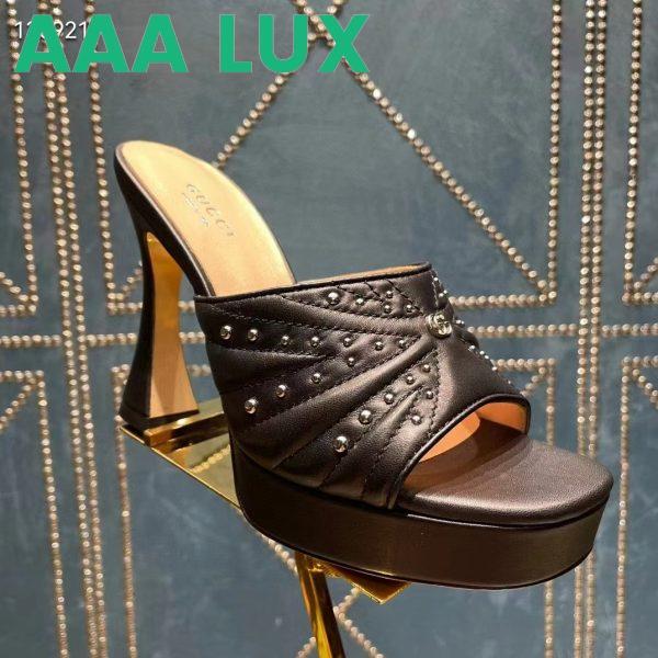 Replica Gucci Women GG Heeled Slide Sandals Black Leather Studs Spool High 15 Cm Heel 3