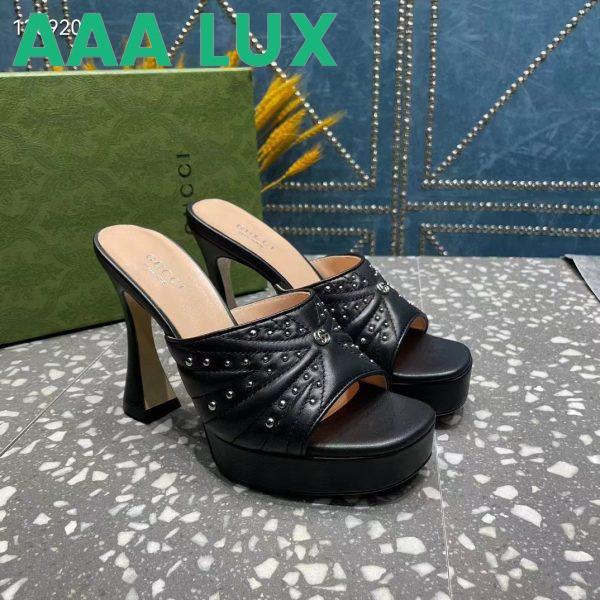 Replica Gucci Women GG Heeled Slide Sandals Black Leather Studs Spool High 15 Cm Heel 4