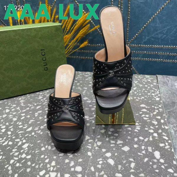 Replica Gucci Women GG Heeled Slide Sandals Black Leather Studs Spool High 15 Cm Heel 7