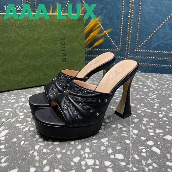 Replica Gucci Women GG Heeled Slide Sandals Black Leather Studs Spool High 15 Cm Heel 8