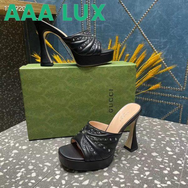Replica Gucci Women GG Heeled Slide Sandals Black Leather Studs Spool High 15 Cm Heel 9