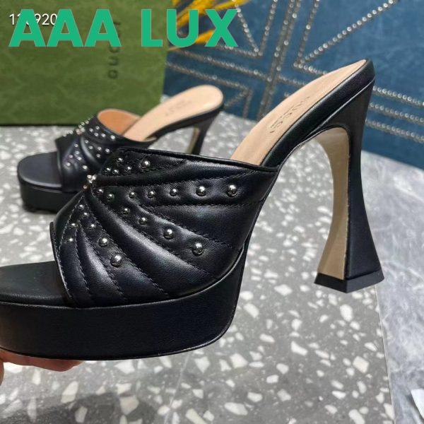 Replica Gucci Women GG Heeled Slide Sandals Black Leather Studs Spool High 15 Cm Heel 11