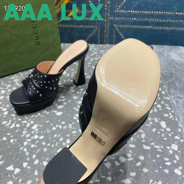 Replica Gucci Women GG Heeled Slide Sandals Black Leather Studs Spool High 15 Cm Heel 12