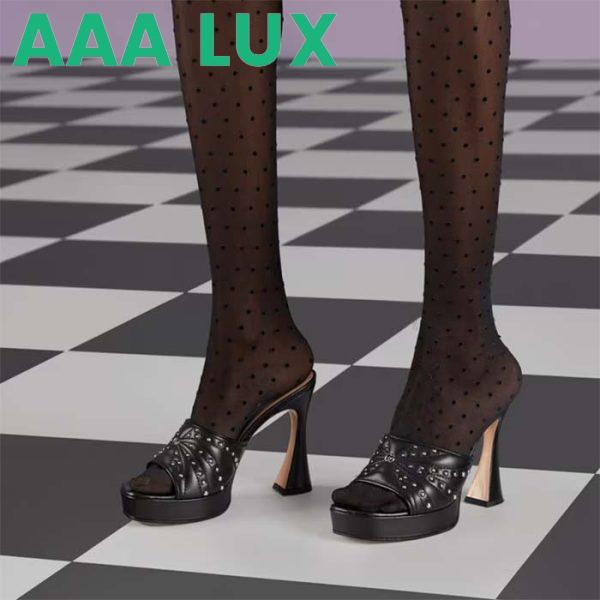 Replica Gucci Women GG Heeled Slide Sandals Black Leather Studs Spool High 15 Cm Heel 13