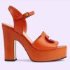 Replica Gucci Women GG Interlocking G Sandal Orange Leather Wooden High 12 Cm Heel