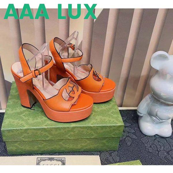Replica Gucci Women GG Interlocking G Sandal Orange Leather Wooden High 12 Cm Heel 3