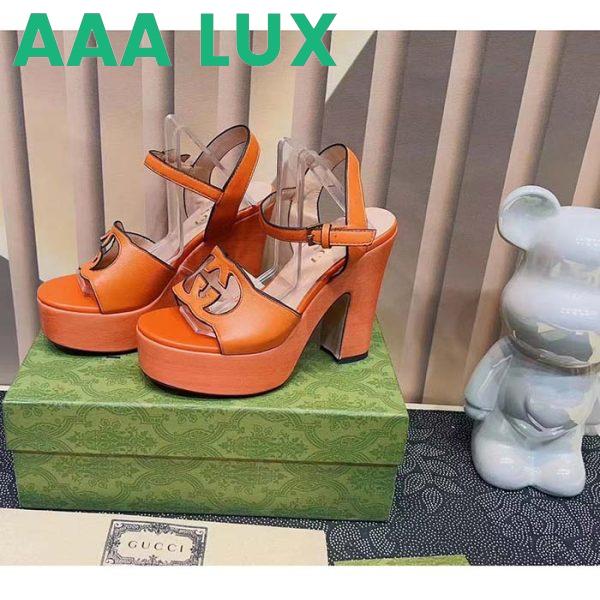 Replica Gucci Women GG Interlocking G Sandal Orange Leather Wooden High 12 Cm Heel 5