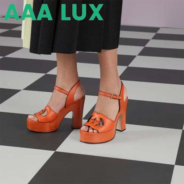 Replica Gucci Women GG Interlocking G Sandal Orange Leather Wooden High 12 Cm Heel 8