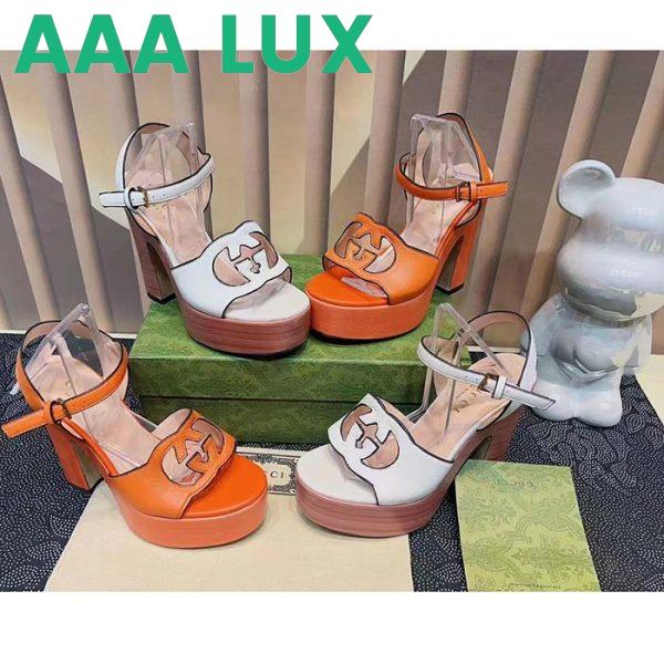 Replica Gucci Women GG Interlocking G Sandal Orange Leather Wooden High 12 Cm Heel 9