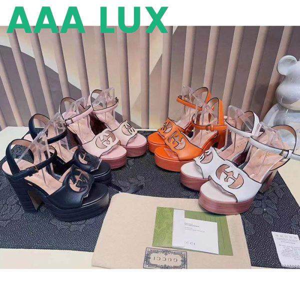 Replica Gucci Women GG Interlocking G Sandal Orange Leather Wooden High 12 Cm Heel 10