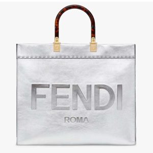 Replica Fendi Women Fendi Sunshine Medium Silver Laminated Leather Shopper
