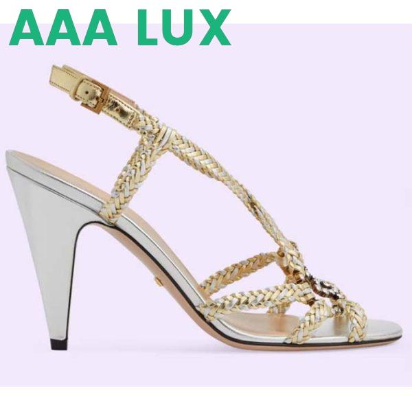 Replica Gucci Women GG Nojum High Heel Sandal Metallic Platinum Silver Braided Leather 9 CM
