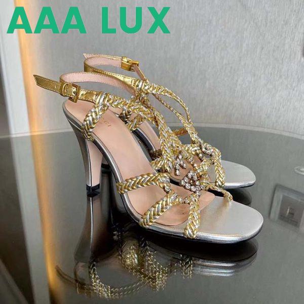 Replica Gucci Women GG Nojum High Heel Sandal Metallic Platinum Silver Braided Leather 9 CM 3