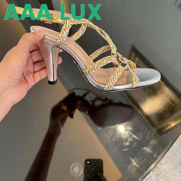 Replica Gucci Women GG Nojum High Heel Sandal Metallic Platinum Silver Braided Leather 9 CM 11