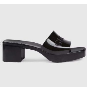 Replica Gucci Women GG Rubber Slide Sandal Black Mid-Heel 6 Cm Heel 2