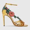 Replica Gucci Women Shoes Embroidered Leather Mid-Heel Sandal 100mm Heel-Yellow