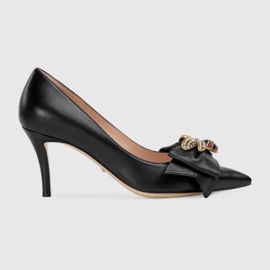 Replica Gucci Women Shoes Leather Mid-Heel Pump with Bow 75mm Heel-Black