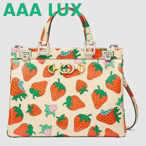 Replica Gucci GG Women Gucci Zumi Strawberry Print Medium Top Handle Bag in Gucci Strawberry Print Ivory Leather