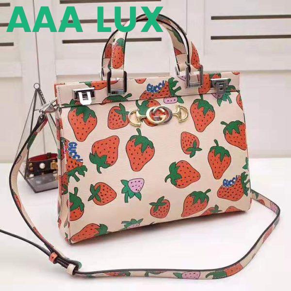 Replica Gucci GG Women Gucci Zumi Strawberry Print Medium Top Handle Bag in Gucci Strawberry Print Ivory Leather 5