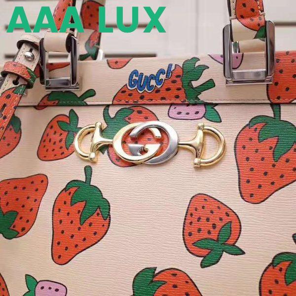 Replica Gucci GG Women Gucci Zumi Strawberry Print Medium Top Handle Bag in Gucci Strawberry Print Ivory Leather 9