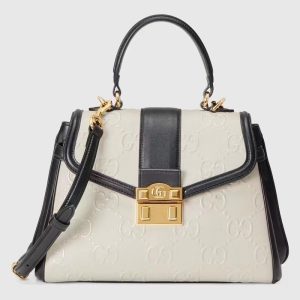 Replica Gucci Women Small GG Top Handle Bag White Debossed Leather Double G 2