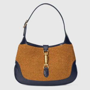 Replica Gucci GG Women Jackie 1961 Small Shoulder Bag Camel Straw Effect Fabric Blue Leather 2