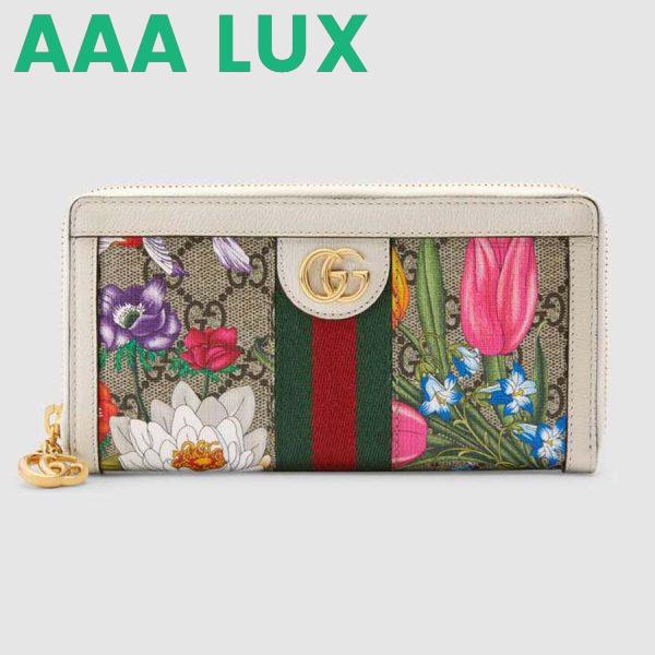 Replica Gucci GG Women Ophidia GG Flora Zip Around Wallet in Beige/Ebony GG Supreme Canvas