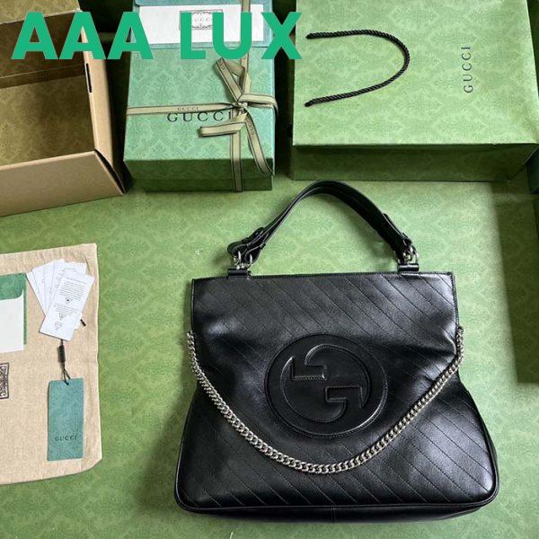 Replica Gucci Unisex Blondie Medium Tote Bag Black Leather Round Interlocking G 6