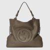 Replica Gucci Unisex Blondie Medium Tote Bag Silver Lamé Leather Round Interlocking G 15