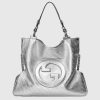 Replica Gucci Unisex Blondie Medium Tote Bag Silver Lamé Leather Round Interlocking G