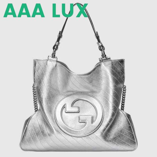 Replica Gucci Unisex Blondie Medium Tote Bag Silver Lamé Leather Round Interlocking G