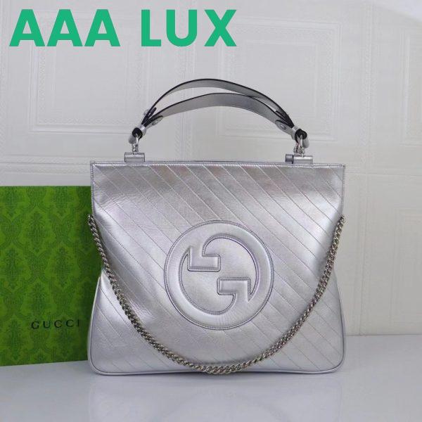 Replica Gucci Unisex Blondie Medium Tote Bag Silver Lamé Leather Round Interlocking G 3