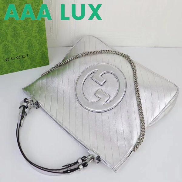 Replica Gucci Unisex Blondie Medium Tote Bag Silver Lamé Leather Round Interlocking G 5