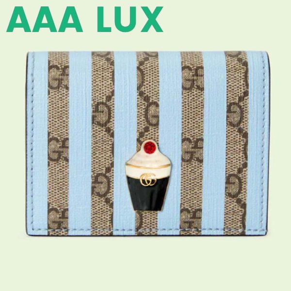 Replica Gucci Unisex Card Case Wallet Enamel Ice Cream Blue Stripe Print Beige Ebony GG Supreme Canvas