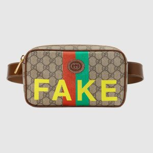Replica Gucci Unisex ‘Fake/Not’ Print Belt Bag Beige and Ebony GG Supreme Canvas