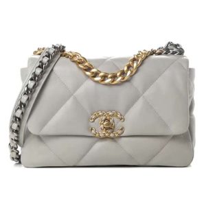 Replica Chanel Women 19 Flap Bag Lambskin Iridescent Gold Silver-Tone Metal Grey