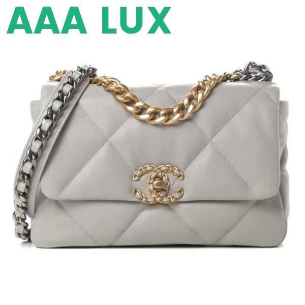 Replica Chanel Women 19 Flap Bag Lambskin Iridescent Gold Silver-Tone Metal Grey 2