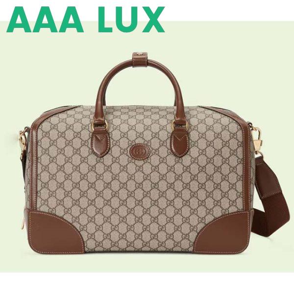 Replica Gucci Unisex Duffle Bag Interlocking G Beige Ebony GG Supreme Canvas Leather 2