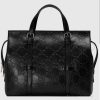 Replica Gucci Unisex GG Embossed Tote Bag Black Leather Cotton Linen Lining
