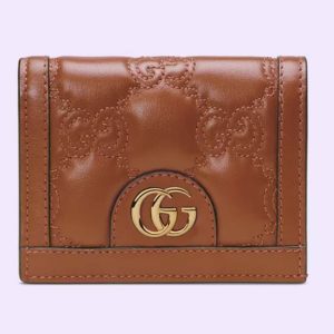 Replica Gucci Unisex GG Marmont Card Case Wallet Light Brown GG Matelassé Leather Double G