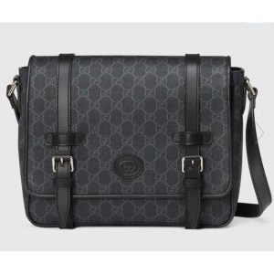 Replica Gucci Unisex GG Messenger Bag Black GG Supreme Canvas Black Leather 2