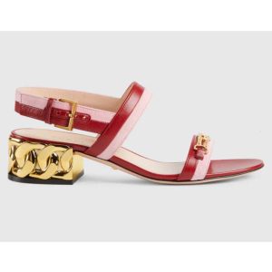 Replica Gucci GG Women Sandal with Chain-Shaped Heel Hibscus Red Leather with Pastel Pink 2