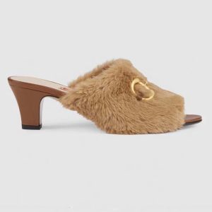 Replica Gucci GG Women’s Mid-Heel Slide Sandal Brown Fabric Horsebit 5.6 Cm Heel 2
