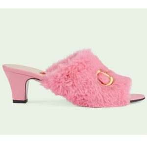 Replica Gucci GG Women’s Mid-Heel Slide Sandal Pink Fabric Horsebit 5.6 Cm Heel