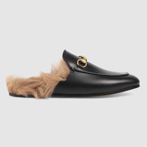 Replica Gucci Men Princetown Leather Slipper with Lamb Wool-Black