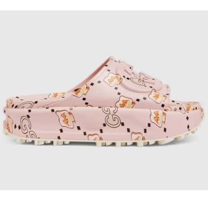 Replica Gucci Unisex GG Animal Print Rubber Slide Sandal Pink Embossed Interlocking G Low Heel