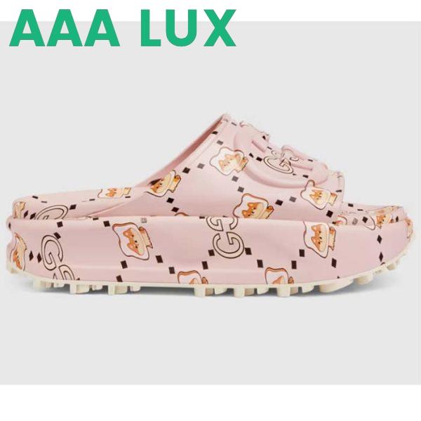 Replica Gucci Unisex GG Animal Print Rubber Slide Sandal Pink Embossed Interlocking G Low Heel 2