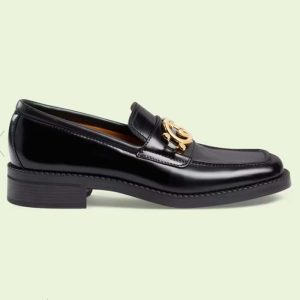 Replica Gucci Unisex GG Loafer Interlocking G Shiny Black Leather Studs Rubber Low Heel 2