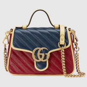 Replica Gucci GG Women GG Marmont Mini Top Handle Bag Blue Red Diagonal Matelassé Leather