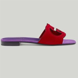 Replica Gucci Unisex Interlocking G Cut-Out Slide Sandal Red Purple Suede Flat